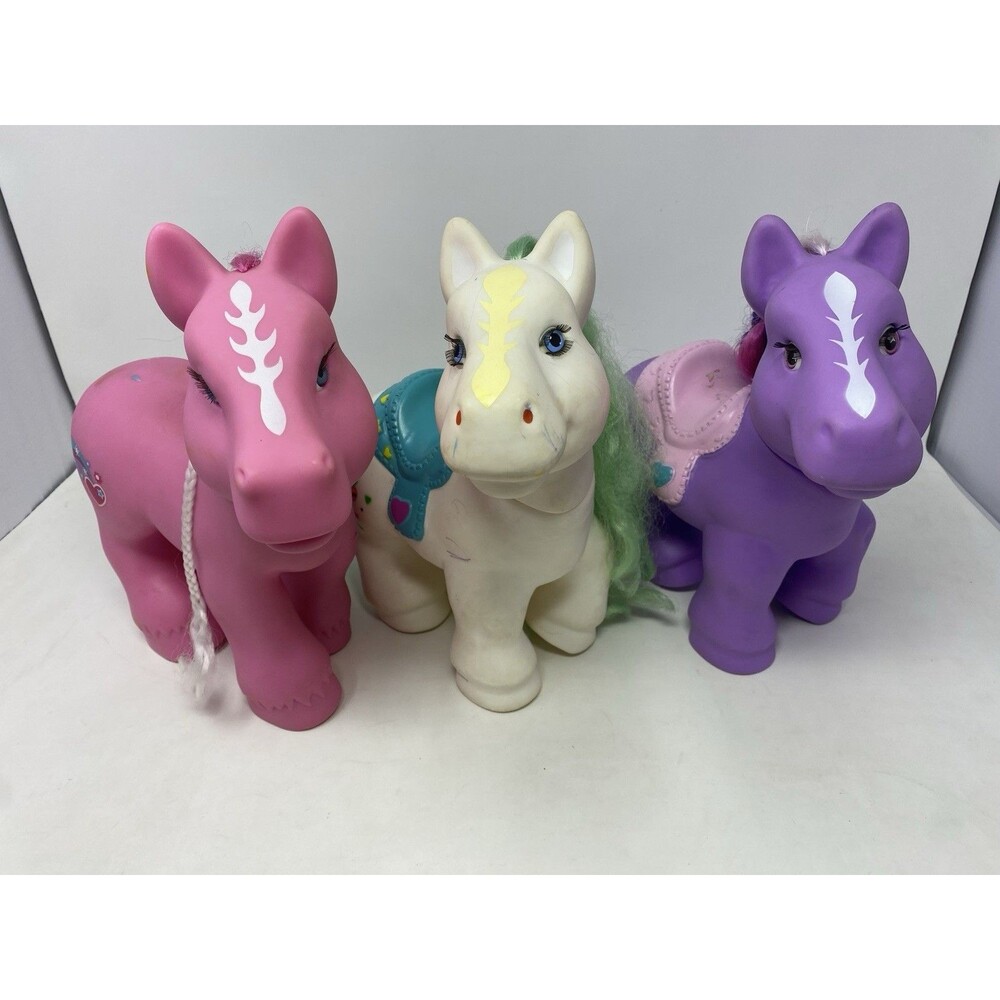 Lot Of 3 Large Plastic Horses For Dolls Pink Purple White 10” Hair